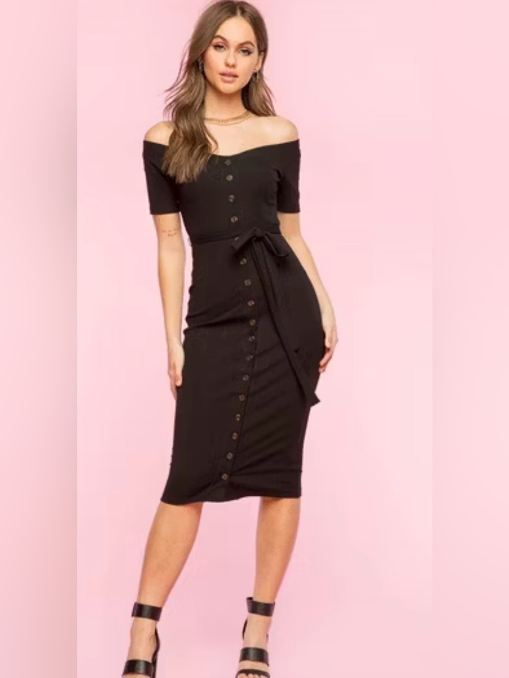 Skylar  Rose  black rib-knit off-the-shoulder dress button-front tie belt size L